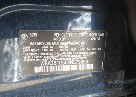 2014 BMW 320I z USA, uszkodzony, nr VIN WBA3B1G50ENS79309